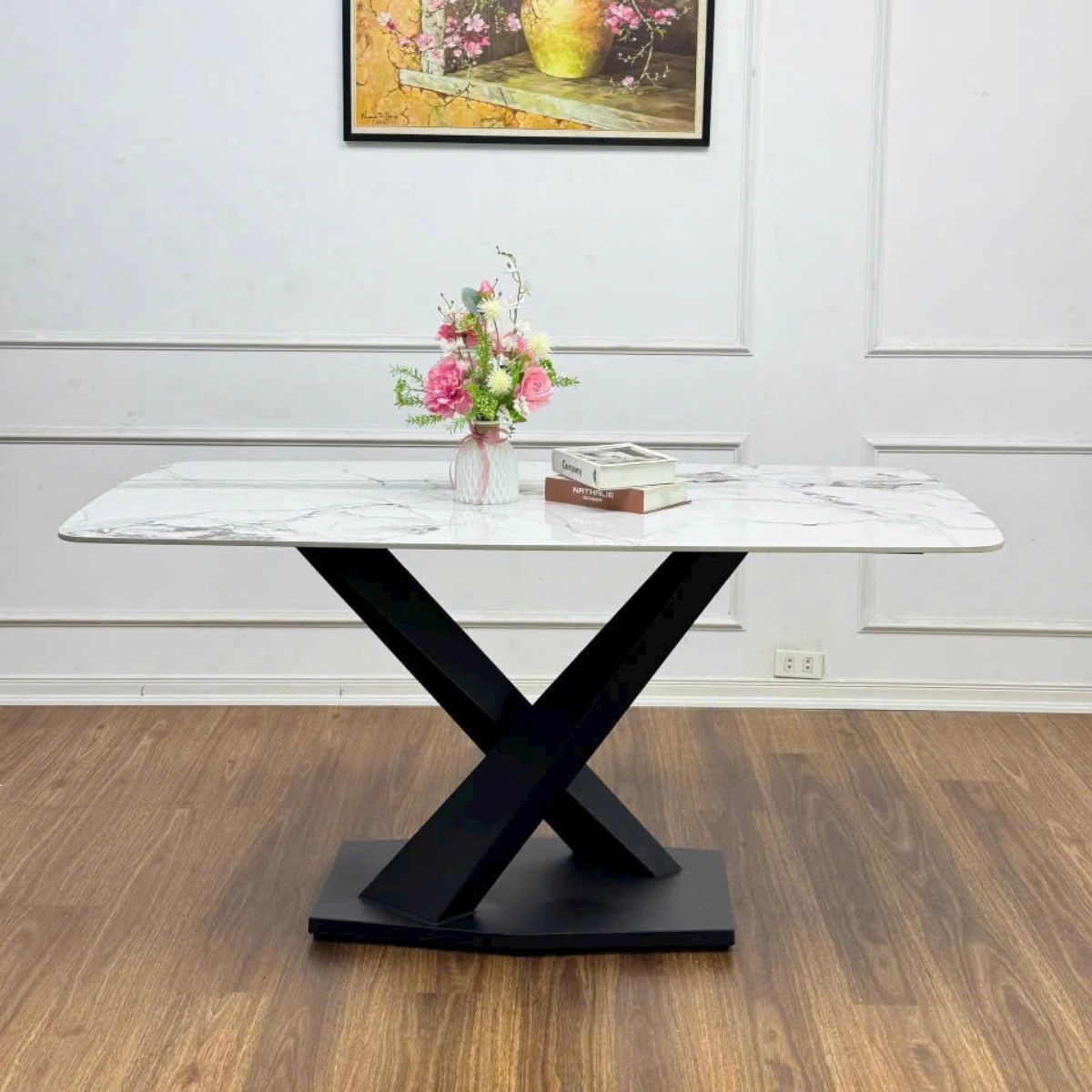 Bàn ăn mặt đá ceramic chân X chéo
