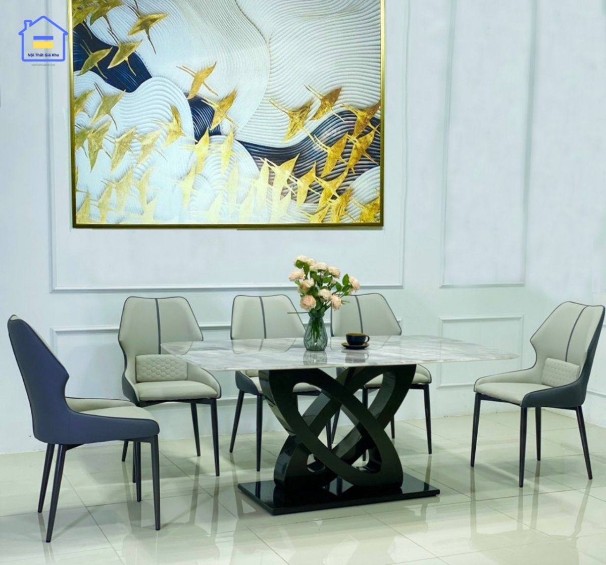 Bàn ăn đá ngọc bạch kèm ghế Veno