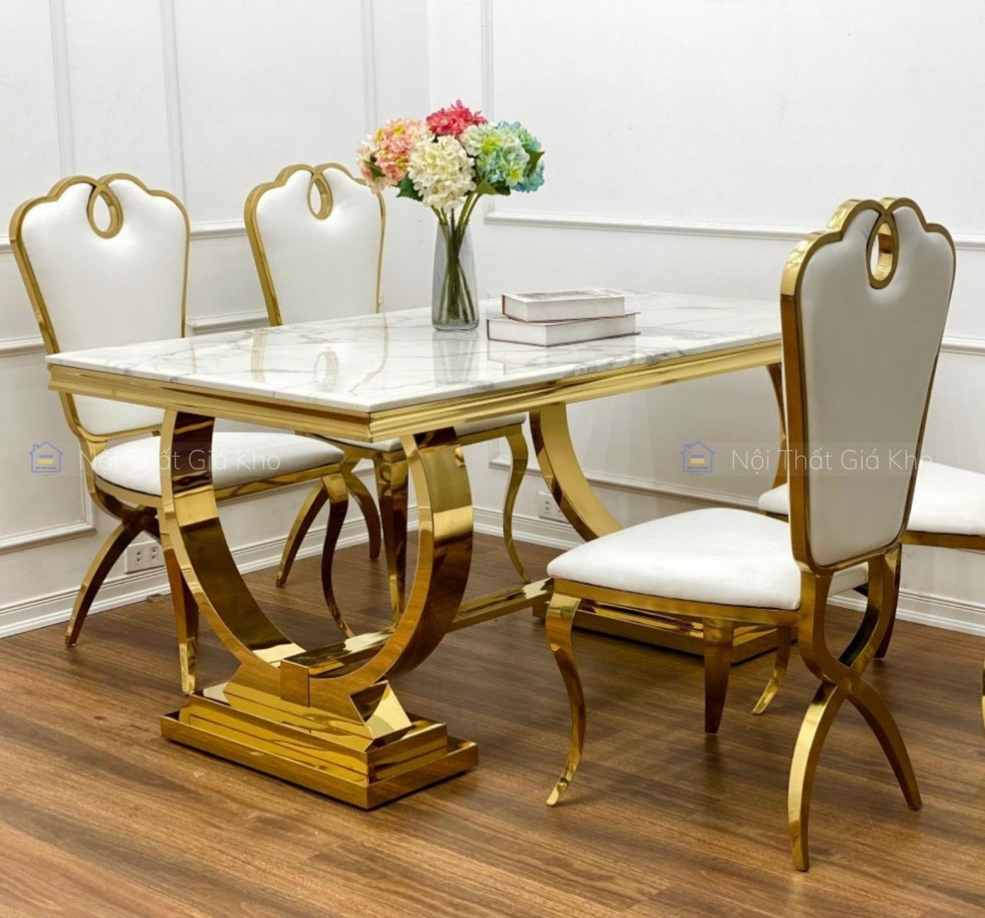 Bàn ăn mặt đá cẩm thạch kèm 6 ghế Queen mạ vàng