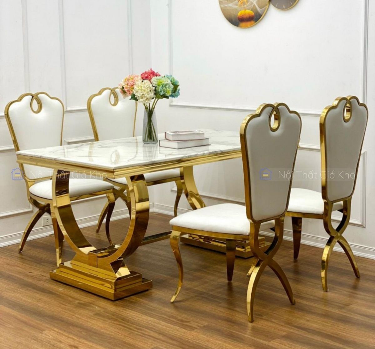 Bàn ăn mặt đá cẩm thạch kèm 6 ghế Queen mạ vàng