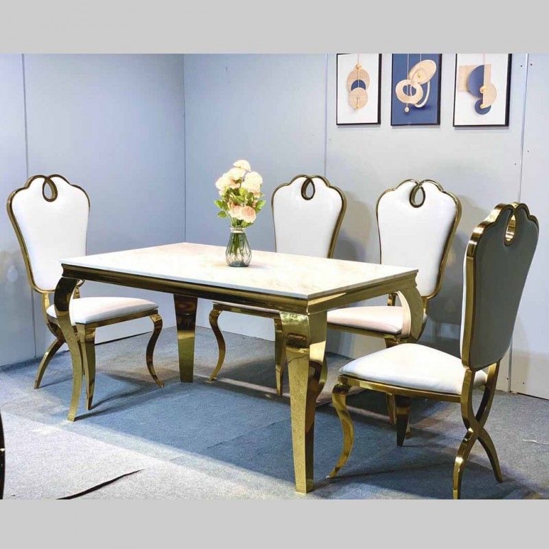 Bàn ăn mặt đá cẩm thạch kèm ghế Queen mạ vàng PVD