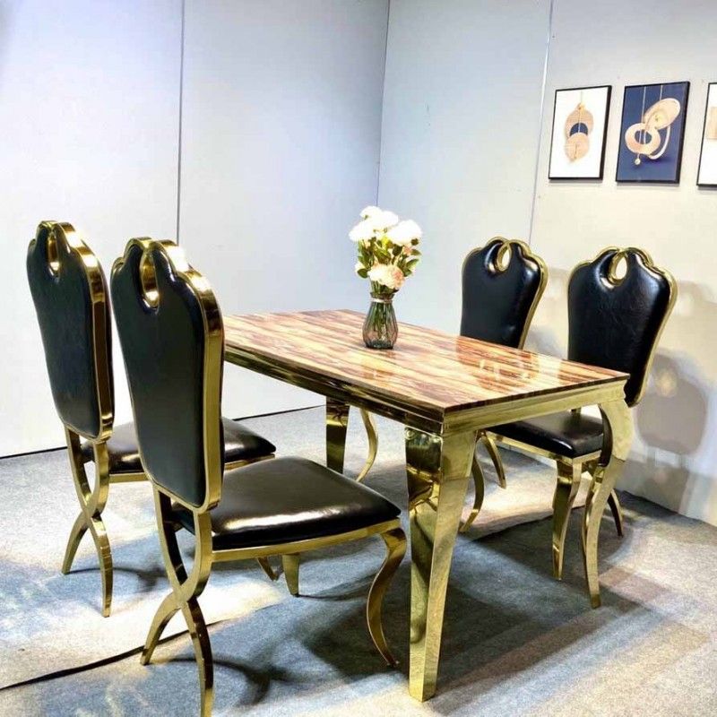 Bàn ăn mặt đá cẩm thạch kèm ghế Queen mạ vàng PVD