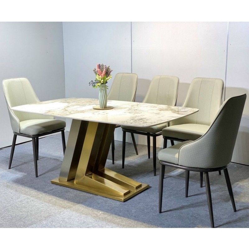 Bàn ăn mặt đá Ceramic bóng mạ vàng kèm ghế Sheraton