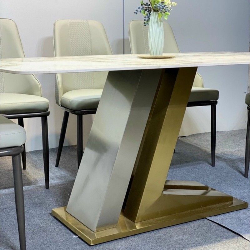 Bàn ăn mặt đá Ceramic bóng mạ vàng kèm ghế Sheraton