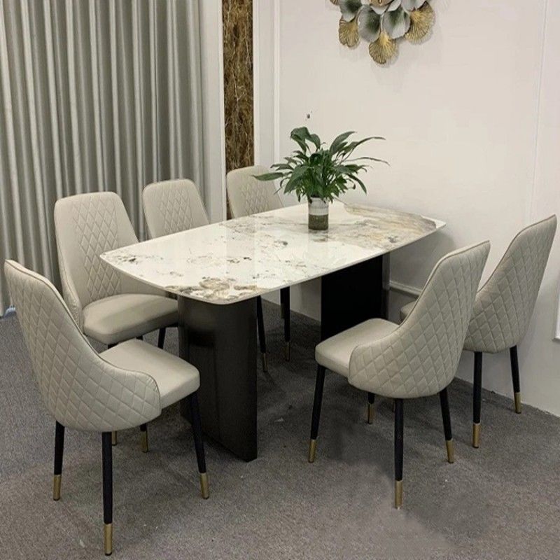 Bàn ăn mặt đá Ceramic bóng chân ống đôi kết hợp ghế Sheraton trám