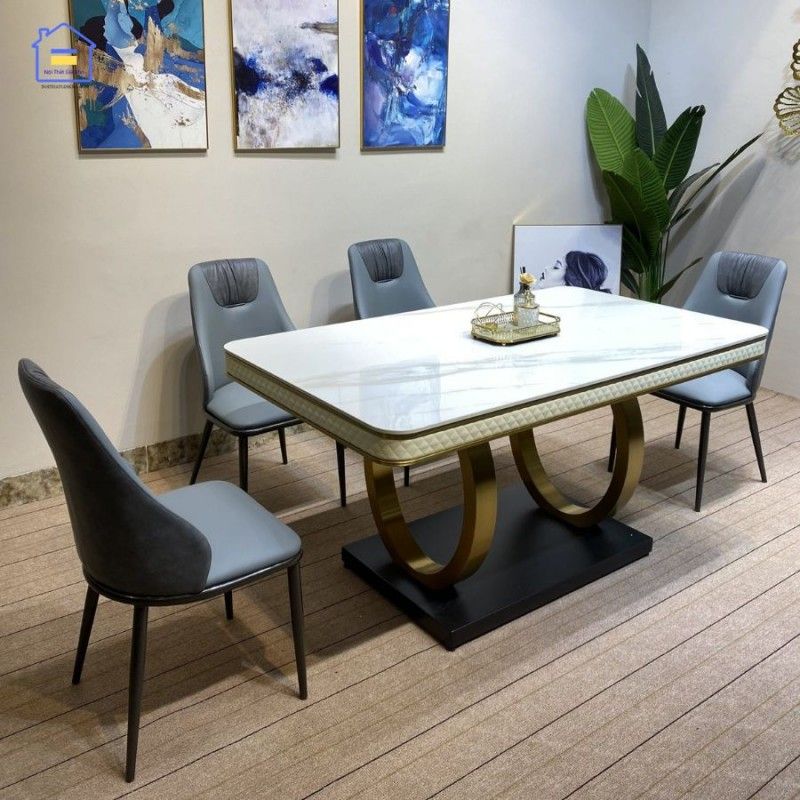 Bàn ăn mặt đá Ceramic bóng chân vòng kết hợp cùng ghế Spot