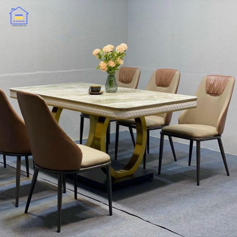 Bàn ăn mặt đá Ceramic bóng chân vòng kết hợp cùng ghế Spot