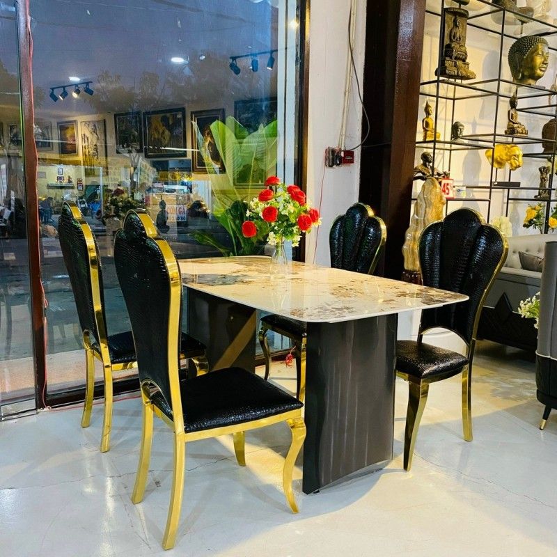 Bàn ăn mặt đá Ceramic kèm ghế hoa mai mạ vàng
