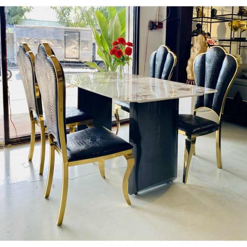 Bàn ăn mặt đá Ceramic kèm ghế hoa mai mạ vàng