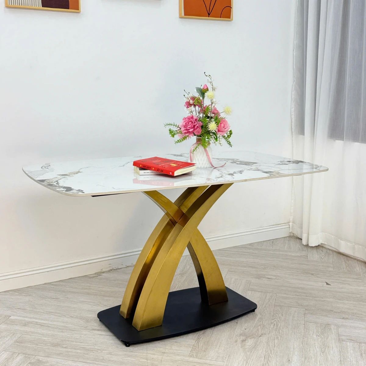 Bàn ăn mặt đá ceramic chân X cong mạ vàng