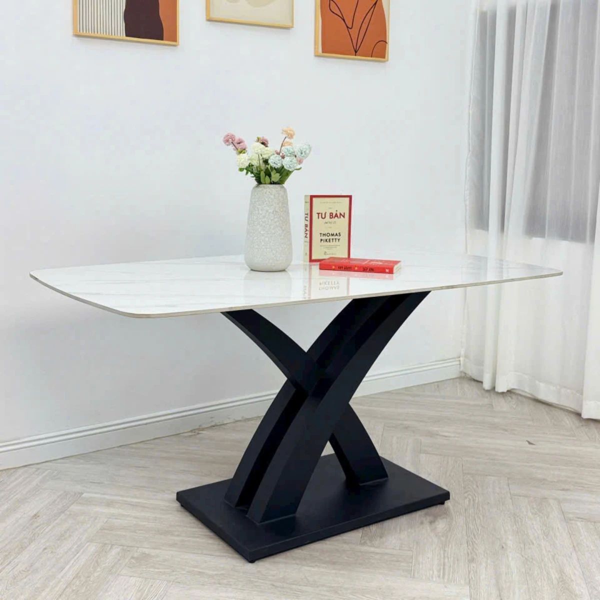 Bàn ăn mặt đá ceramic chân chéo chữ X cong