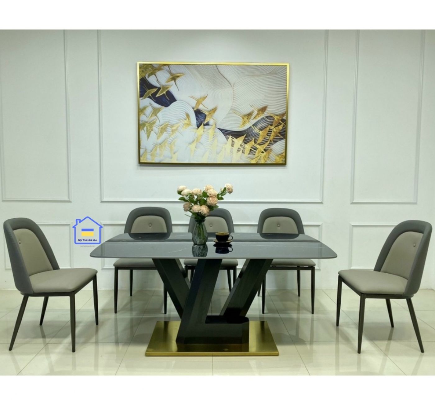 Bàn ăn mặt đá Ceramic chân LV kết hợp ghế Owen