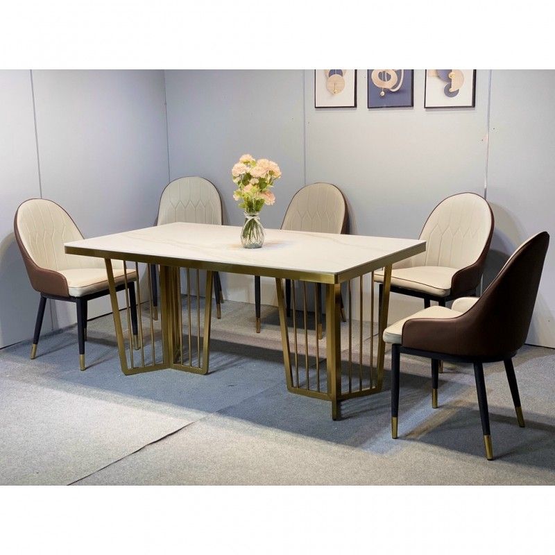 Bàn ăn mặt đá Ceramic chân mạ vàng kết hợp ghế Monet