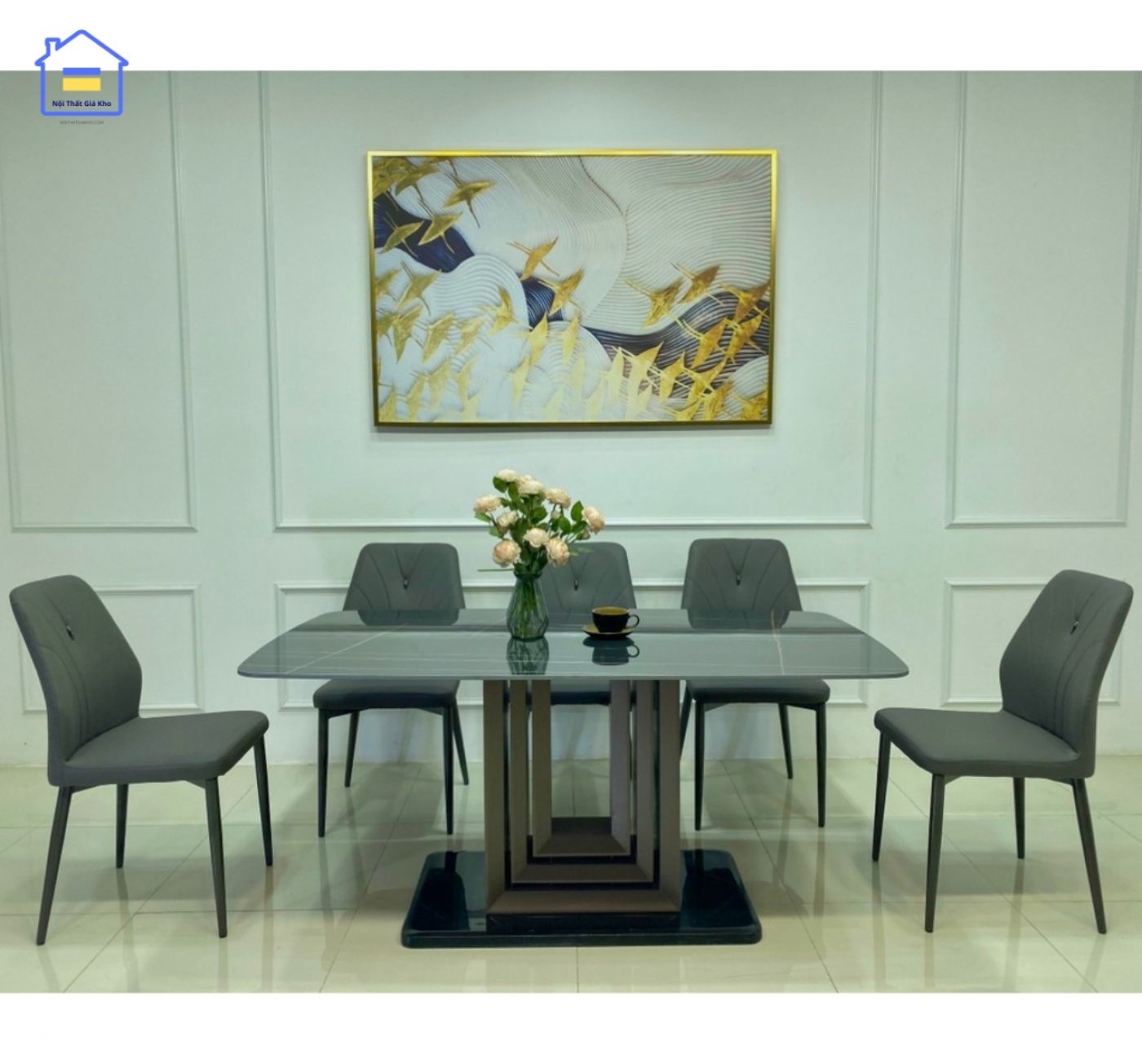 Bàn ăn mặt đá Ceramic chân U kèm ghế Levi