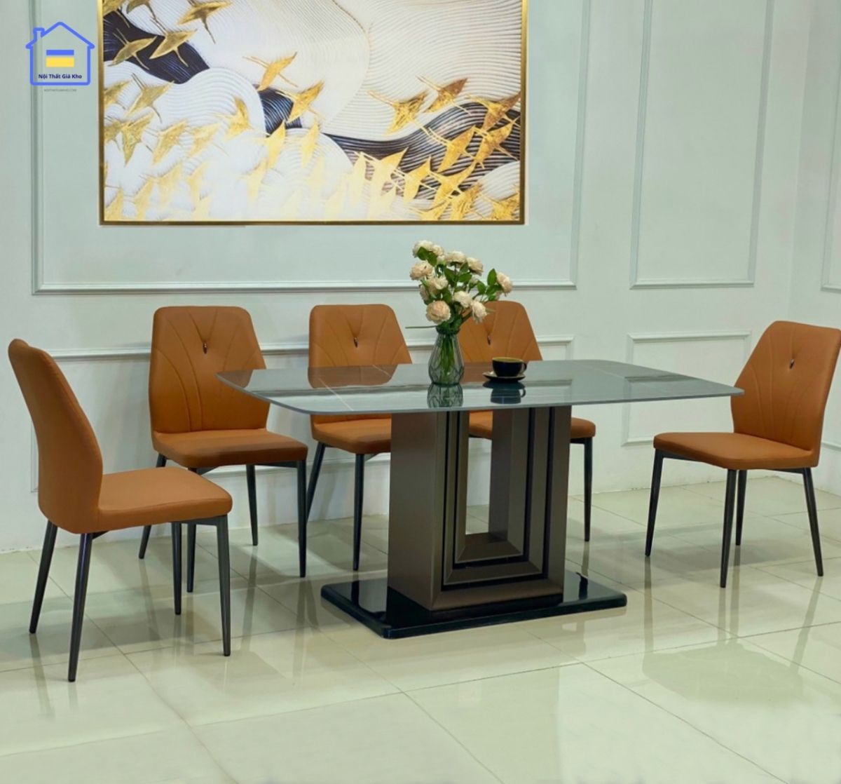 Bàn ăn mặt đá Ceramic chân U kèm ghế Levi