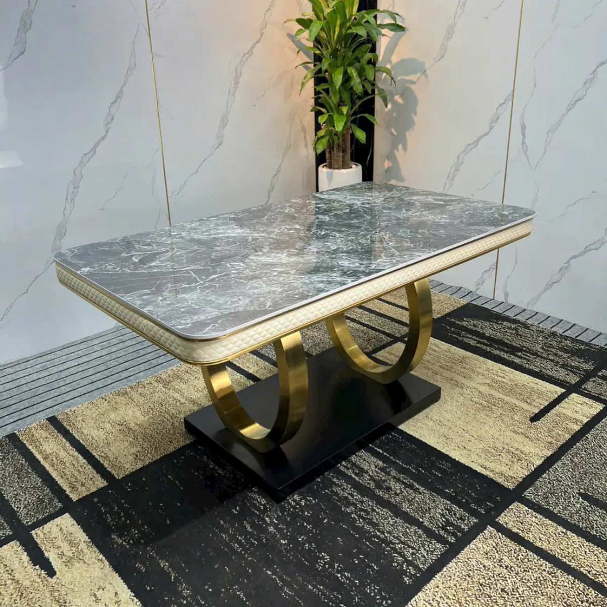 Bàn ăn mặt đá ceramic chân vòng tròn inox mạ vàng
