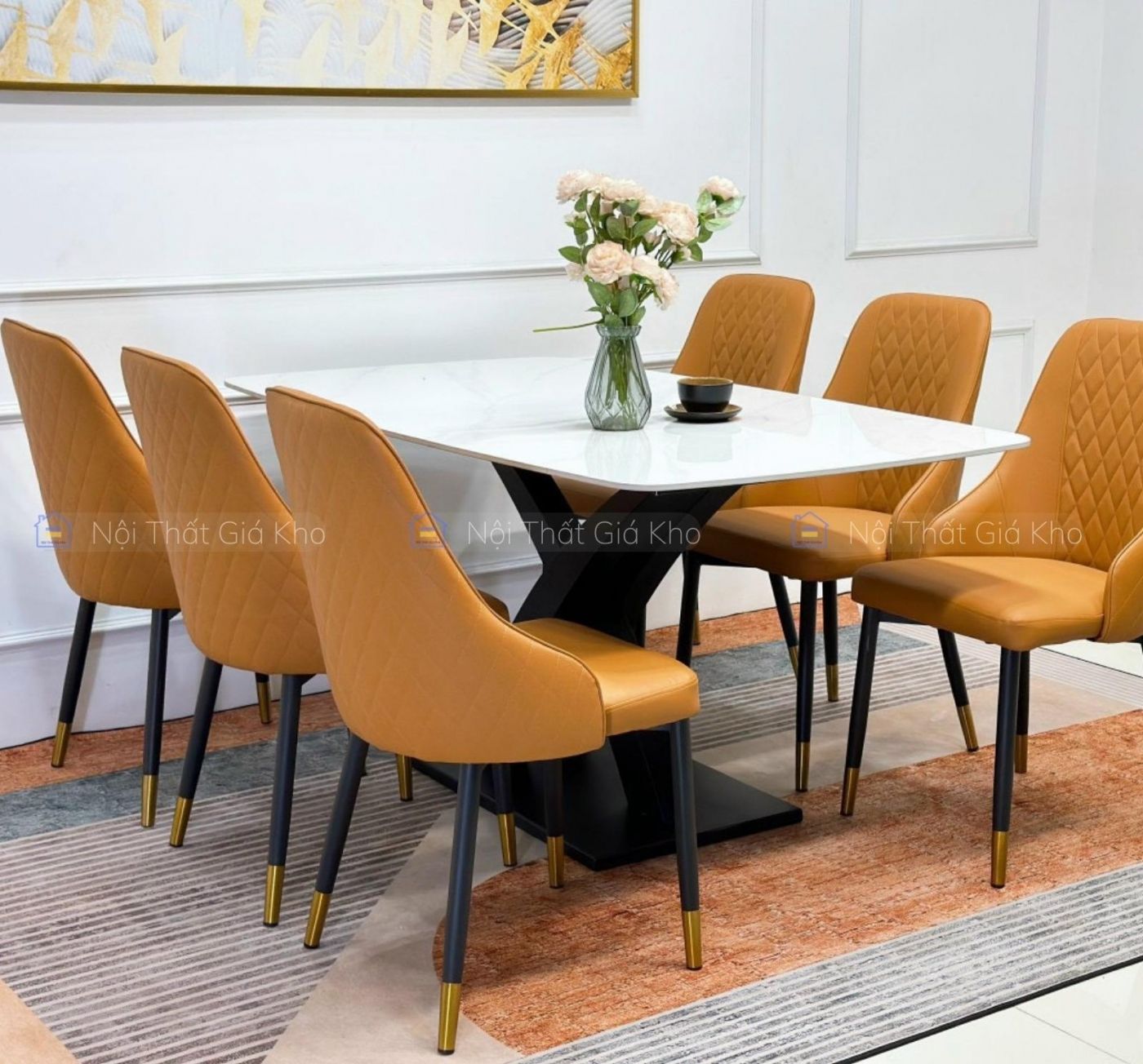 Bàn ăn mặt đá Ceramic kèm 6 ghế Sheraton trám