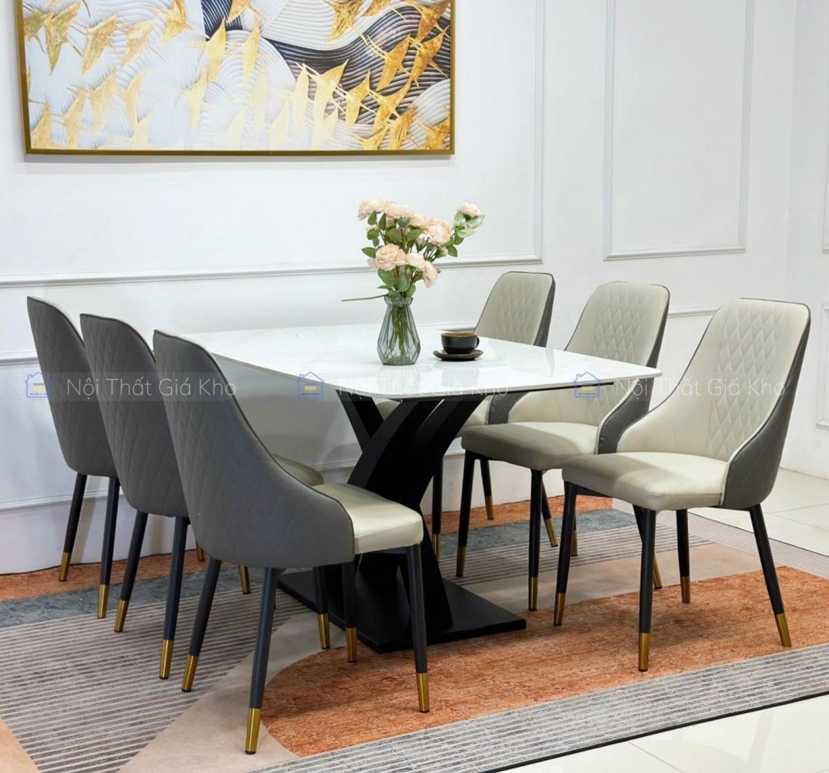 Bàn ăn mặt đá Ceramic kèm 6 ghế Sheraton trám