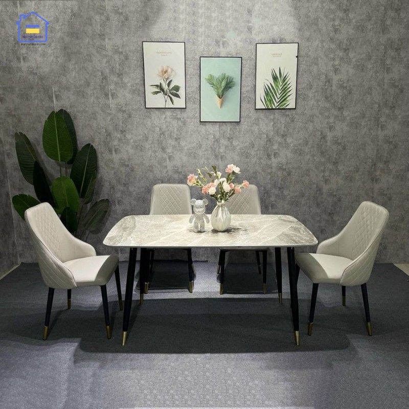 Bàn ăn mặt đá Ceramic kết hợp ghế Sheraton trám