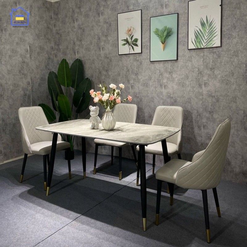 Bàn ăn mặt đá Ceramic kết hợp ghế Sheraton trám