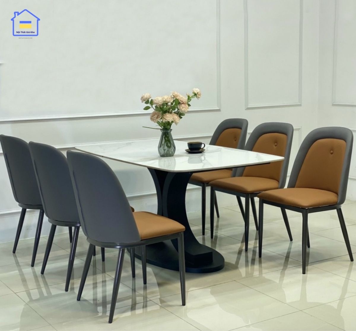 Bàn ăn mặt đá chân sắt kèm 6 ghế Owen