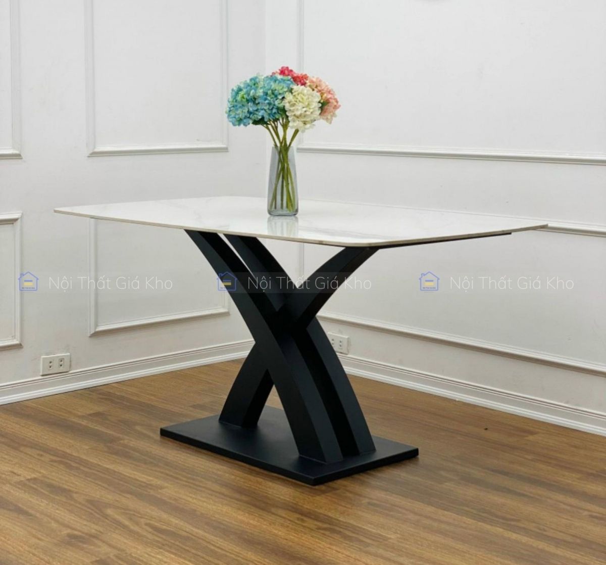 Bàn ăn mặt đá phiến chân chéo chữ X cong, bàn 1m2 1m4 1m6 1m8