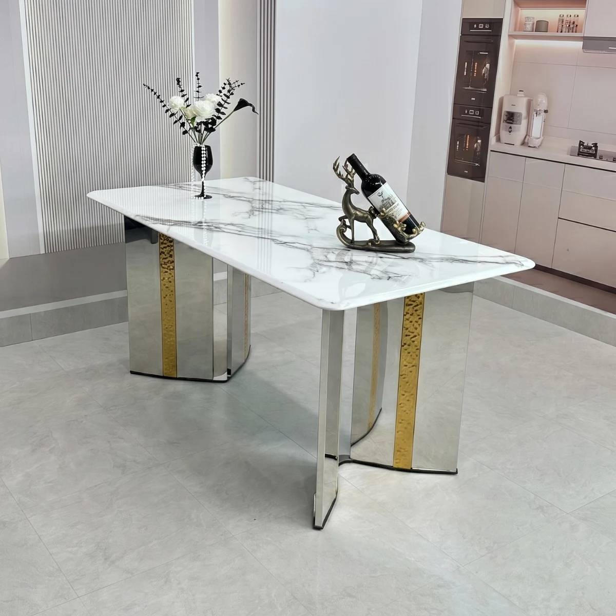 Bàn ăn mặt đá vi tinh thể chân mạ vàng BAK71