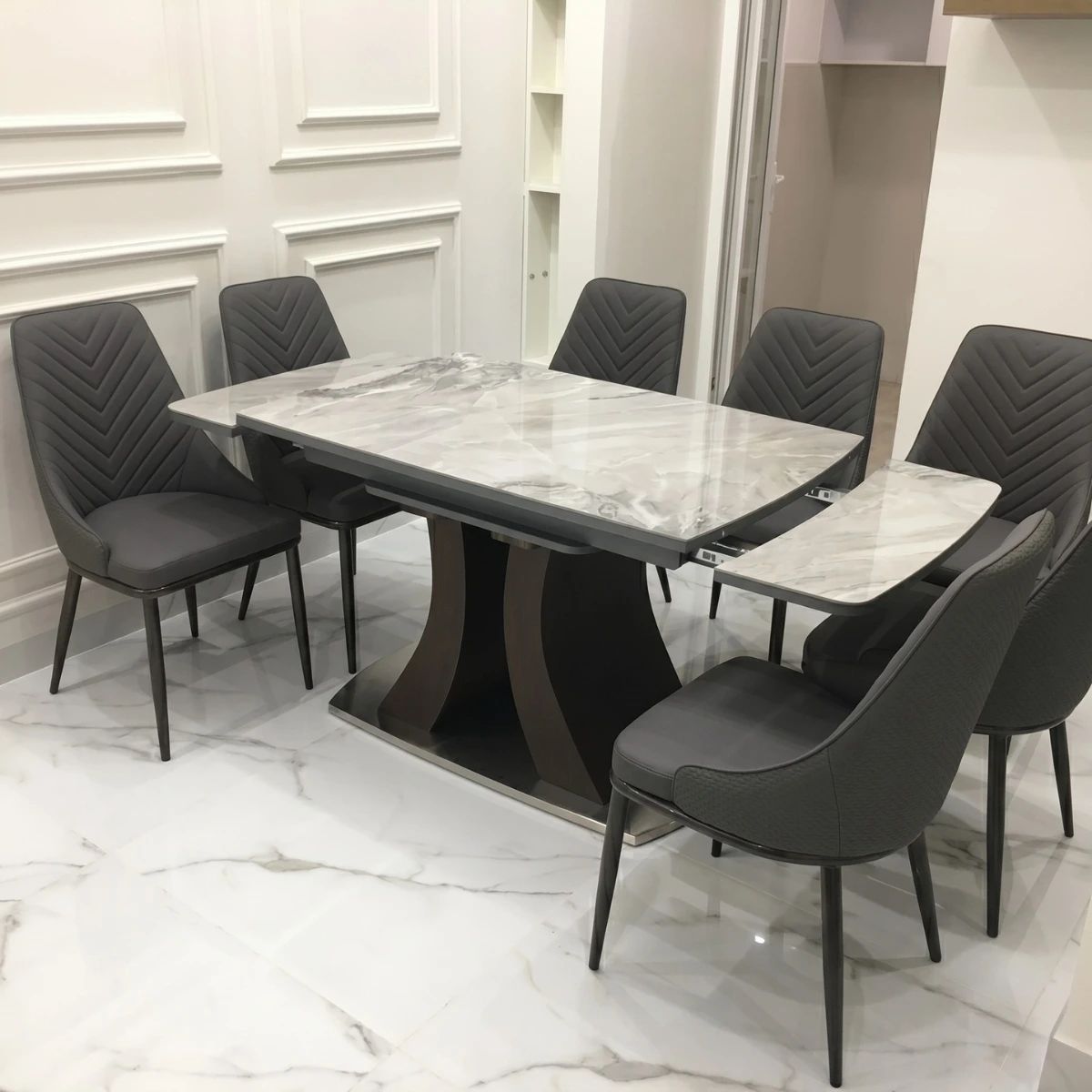 Bàn ăn thông minh đá Ceramic kéo dài 2 đầu kèm ghế Spine