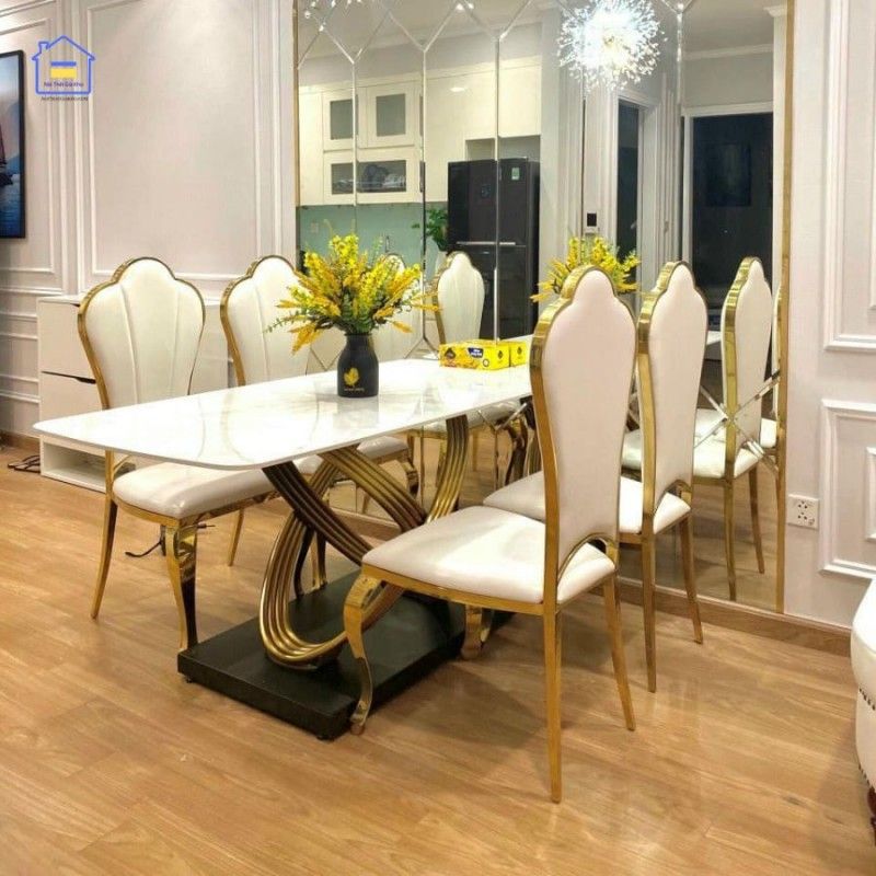 Bộ bàn ăn cổ điển ghế hoa mai mạ vàng