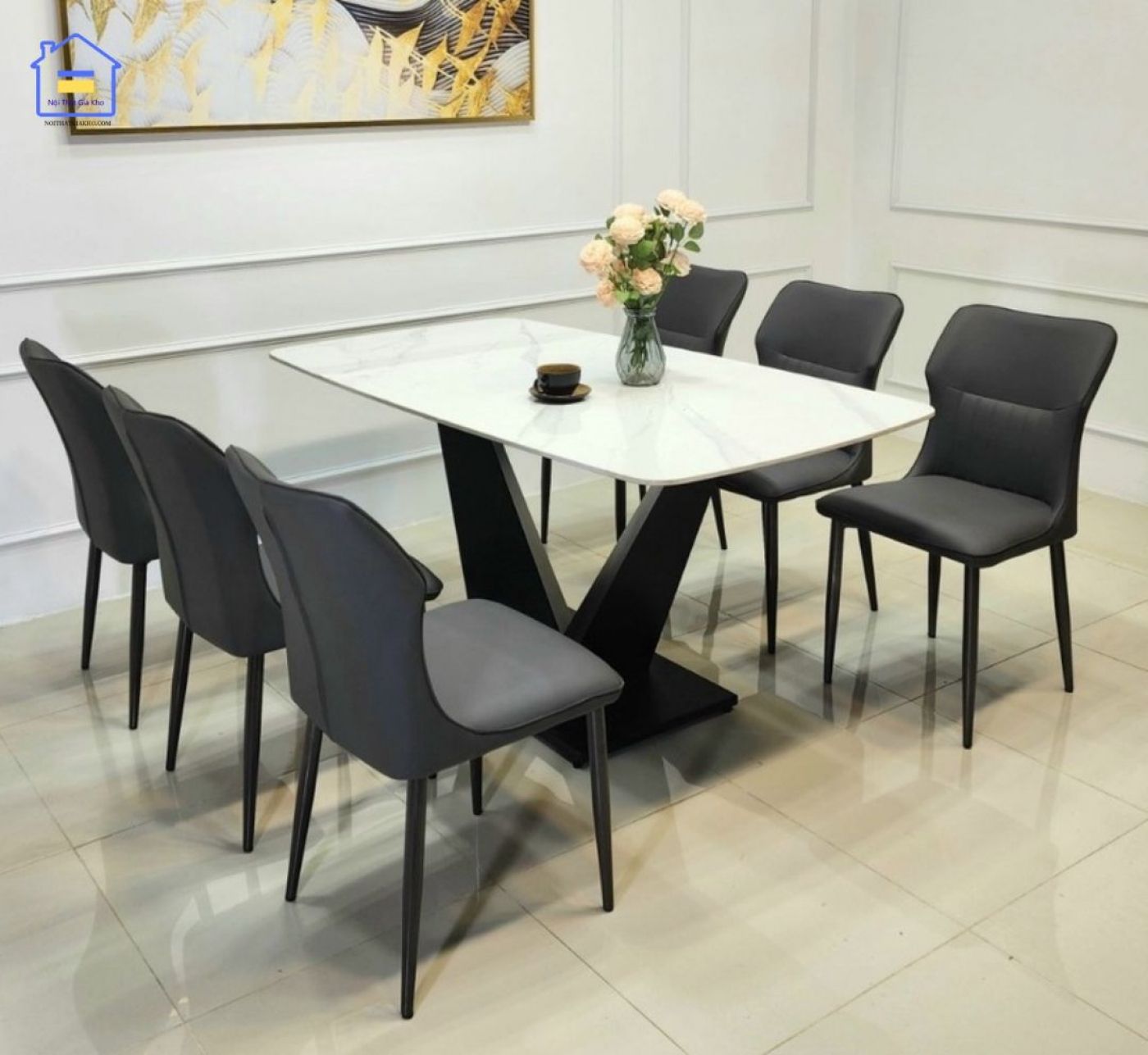 Bộ bàn ăn mặt đá 6 ghế Kelly nhập khẩu