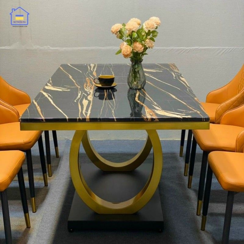 Bộ bàn ăn mặt đá cẩm thạch kèm ghế Sheraton trám