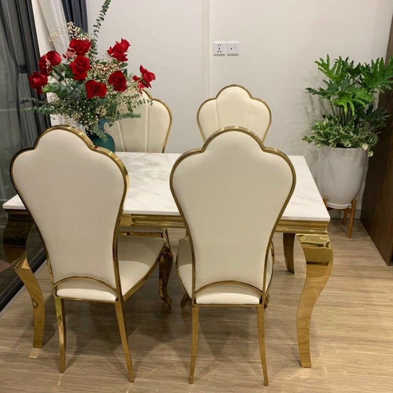 Bộ bàn ăn mặt đá cẩm thạch kèm ghế Hoa Mai mạ vàng PVD