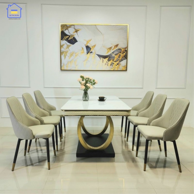 Bộ bàn ăn mặt đá Ceramic kèm ghế Sheraton trám