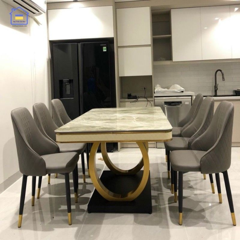 Bộ bàn ăn mặt đá Ceramic kèm ghế Sheraton trám