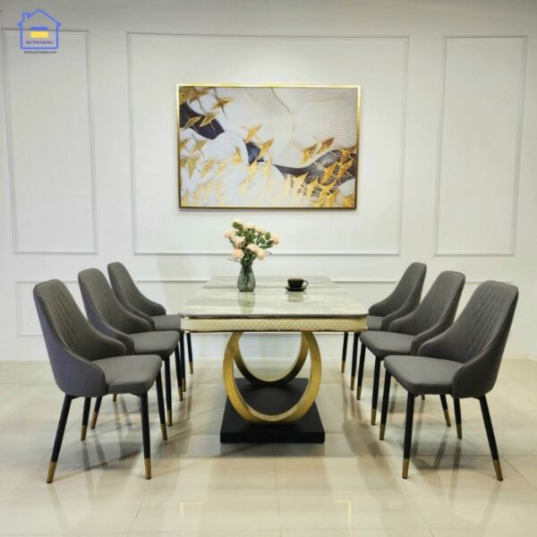 Bộ bàn ăn mặt đá Ceramic kèm ghế Sheraton trám