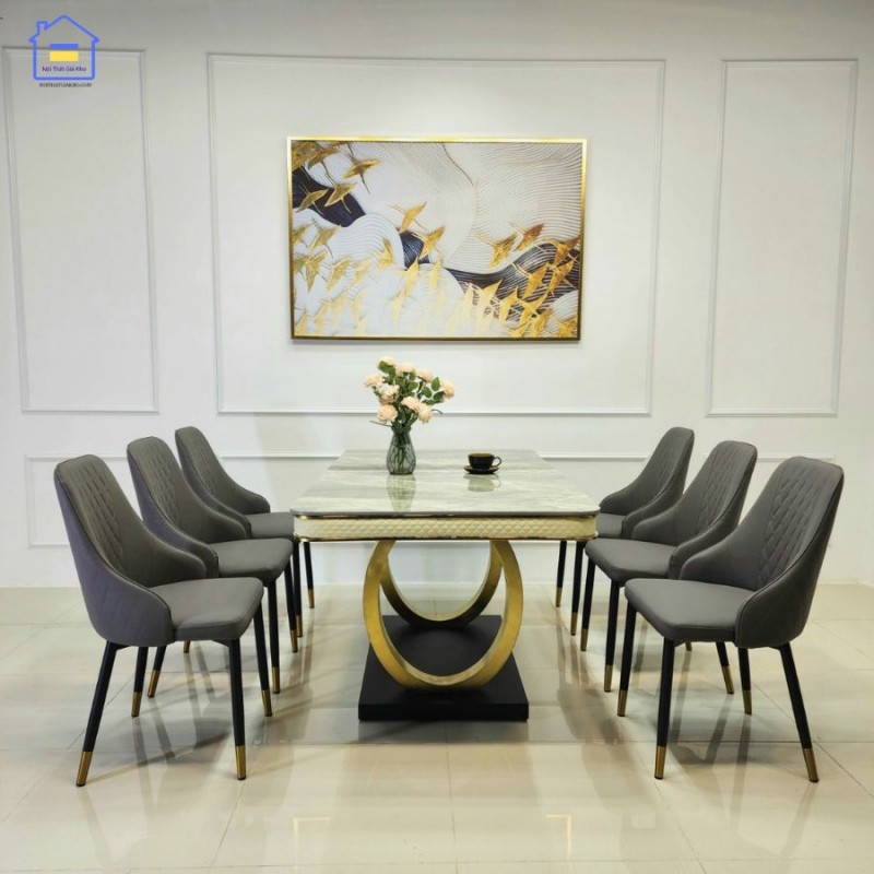 Bộ bàn ăn mặt đá Ceramic kèm ghế Sheraton trám