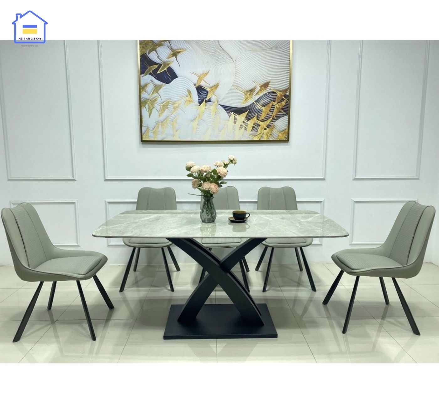 Bộ bàn ăn mặt đá chân X cong 6 ghế Vila