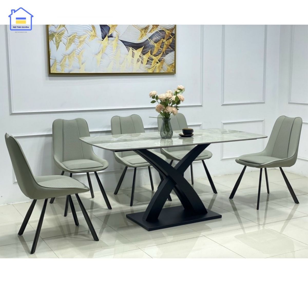 Bộ bàn ăn mặt đá chân X cong 6 ghế Vila