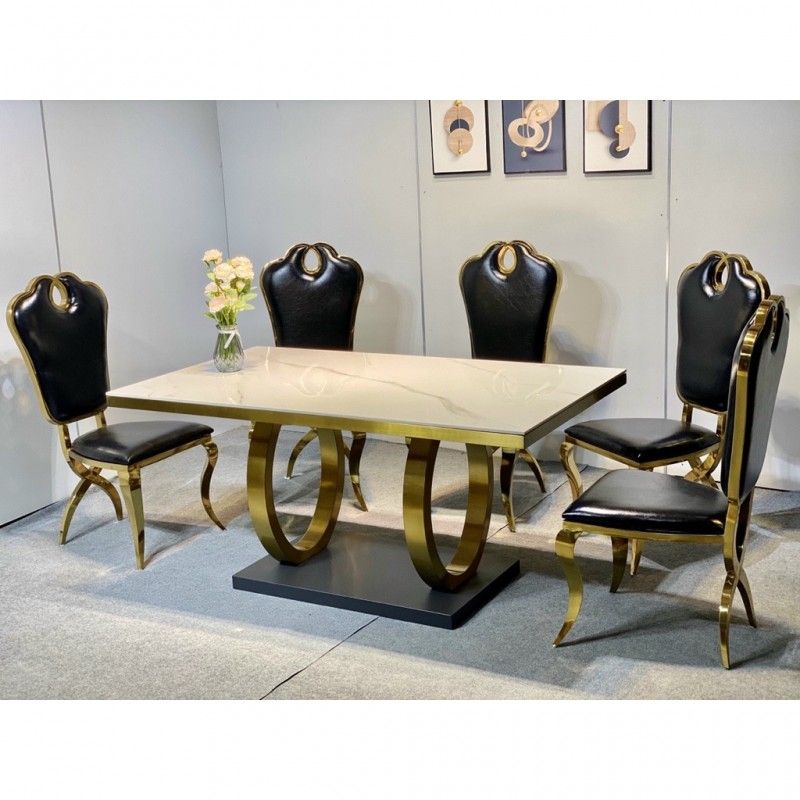 Bộ bàn ăn mặt đá nhập khẩu chân mạ vàng PVD ghế Queen