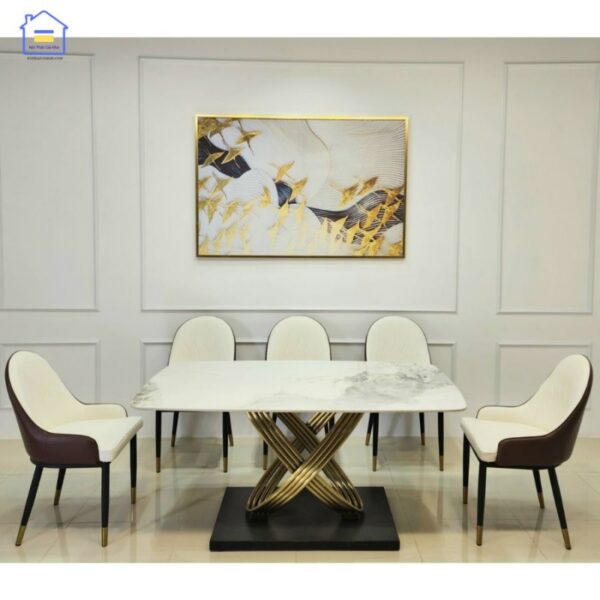 Bộ bàn ăn mặt đá phiến Ceramic bóng chân inox mạ vàng kết hợp ghế Monet