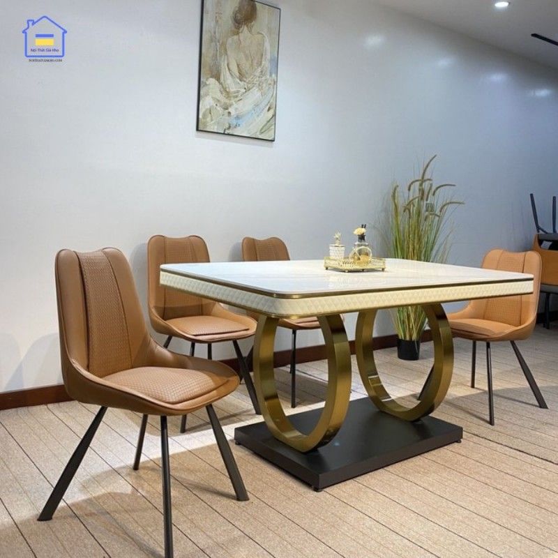 Bộ bàn ăn mặt đá phiến chân Double Q ghế Vila