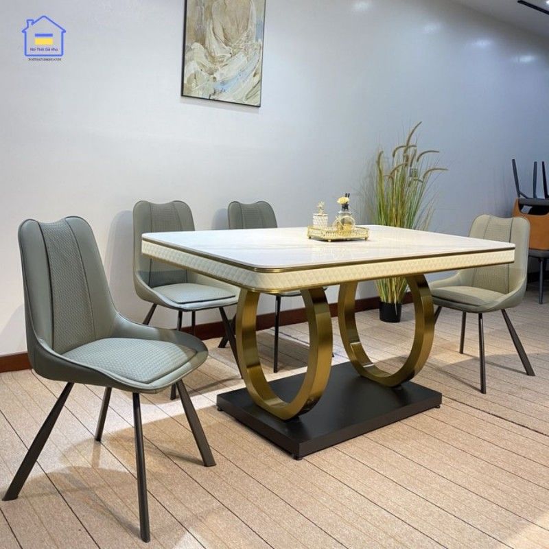 Bộ bàn ăn mặt đá phiến chân Double Q ghế Vila