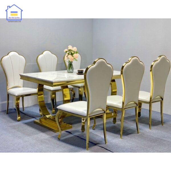 Bộ bàn ăn tân cổ điển ghế hoa mai mạ vàng