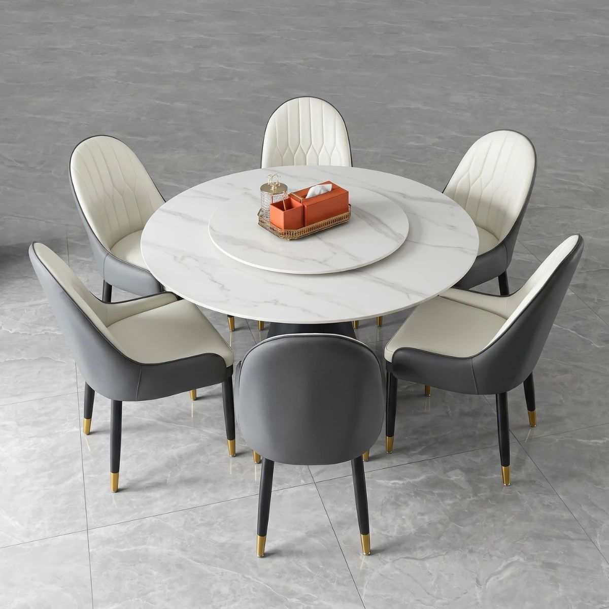 Bộ bàn ăn tròn xoay 2 mặt đá kèm ghế monet có tay
