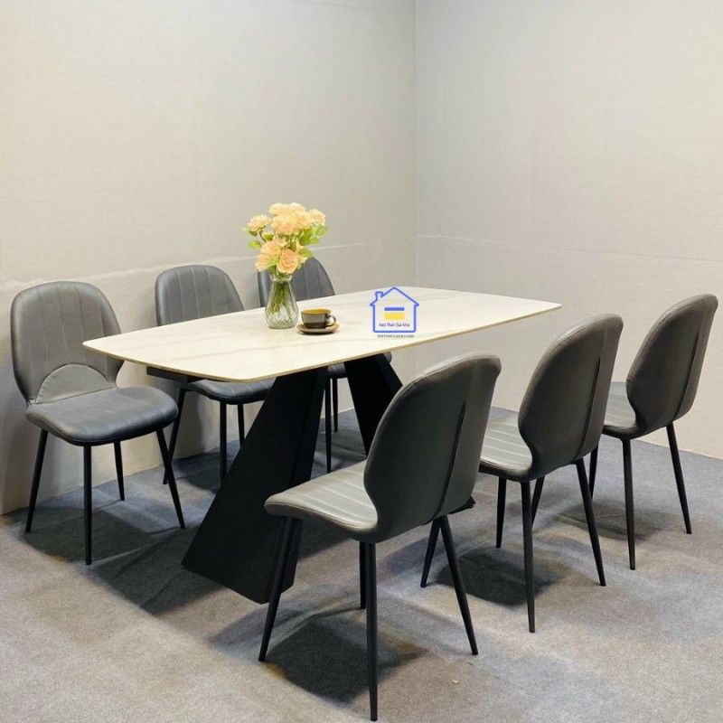 Bộ bàn ghế ăn đá Ceramic ghế Nordic sọc